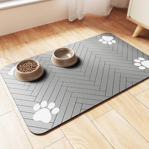 Pet Feeding Mat for Cat Dog Food and Water Bowl Mat, Quick Dry Absorbent Pet Food Mat, Easy to Clean Pet Placemats with Non Slip Rubber Backing (Light Gray, 30 x 50 cm)