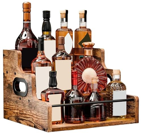 Spirituosenregal | Tisch-Organizer für Spirituosen – Display für Whiskey-Flaschen mit 3 Ebenen aus Holz im Vintage-Stil für Zuhause, Küche, leidenschaftliche Planer, Events