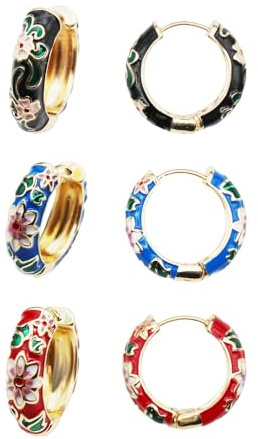 Ladies' vintage cloisonn é enamel earrings with blue, red, and black floral designs, featuring traditional Chinese style, suitable for holiday parties, fashionable outfits(黑红蓝)