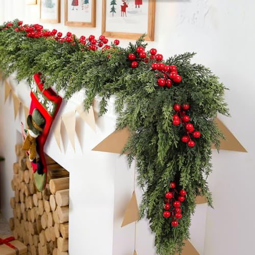 Erogeen Real Touch Garland, Artificial Realistic Pine Cypress Garland with Red Berries, Artificial Greenery Garlands for Mantle Fireplace Table Outdoor Indoor Christmas Decoration (Green 6ft)