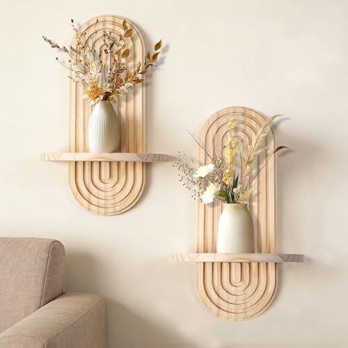 YiYa 2 Pcs Wood Shelves for Wall Decor Modern Boho Wall Shelf Arch Wood Floating Shelf Bohemian Hanging Shelf Display Shelving for Hanging Plants Photo for Living Rooms Bathroom
