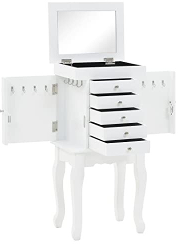 Kaloriko Armoire à bijoux sur pied, blanche, 27 x 20 x 57 cm, en MDF et bois de pin, avec 4 pieds, pour boucles d'oreilles, colliers, bracelets, élégante armoire de rangement pour chambre à coucher