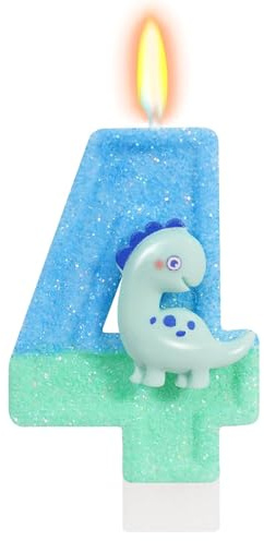 DazzJoy Dino Geburtstagskerzen Zahlen 4, Dino Kerze 4 Geburtstag Junge, Dinosaurier Geburtstagskerze 4 Jahre Jungen, Dino Tortendeko Geburtstag 4 Jahre Junge, Dinosaurier Kerzen Zahlen 4 Blau Grün