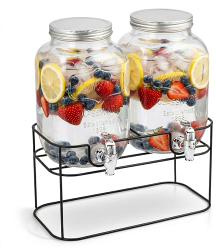 Murago - 2er Set Getränkespender Glas je ca.4L mit Ständer - Zapfhahn mit Deckel Spender Wasserspender Hochzeit Deko Party für Säfte
