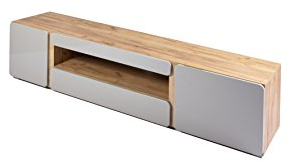 HOMEXPERTS Sideboard RIMINI / Korpus Gold Craft Oak / Front Hochglanz Moonlight Grau / TV-Stand / Fernseh-Stand / Kommode / Lowboard / Wohnzimmer-Schrank / 200 x 49 x 42 cm (BxHxT)