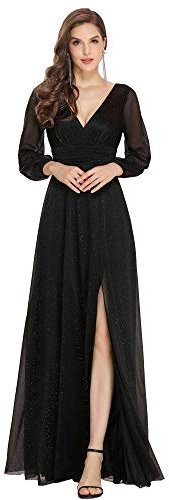 Ever-Pretty Women's Elegant Long Sleeve V Neck Floor Length Empire Waist A Line Tigh High Slit Wedding Guest Dresses Black 18UK