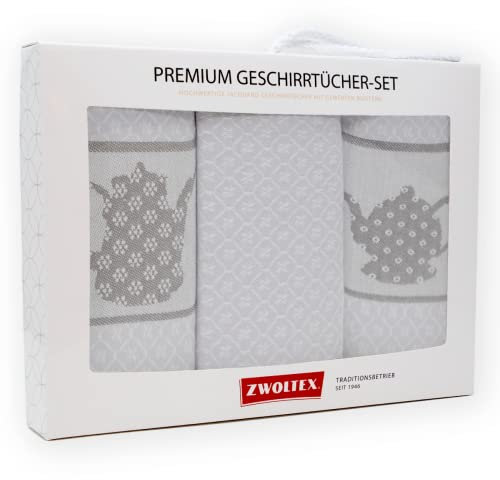 ZWOLTEX Geschirrtücher Geschenkset aus 100% Baumwolle I Made IN EU I Oeko-TEX® 100 I Gewebte Geschirrhandtücher - Küchentücher 70x50 (Geschenkset (3X Küchentuch), Teekanne (Grau)