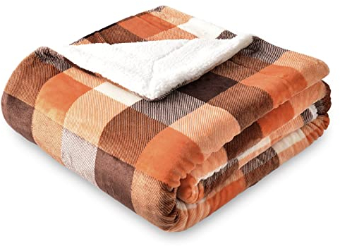 SOCHOW Karierte Sherpa Decke Fleecedecke Kuscheldecken, Dicke Sofadecke Couchdecke, doppelseitig superweiche warm luxuriöse Sofaüberwurf Flauschige Wohndecke 150 x 200 cm, Orange