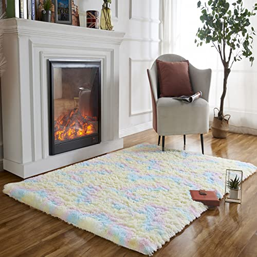 Obundi Soft Fluffy Bedroom Rugs - Indoor Shaggy Rainbow Area Rugs,Non Slip Carpets for Boys Girls Kids Baby Washable Rug (Rainbow,90×160 cm)