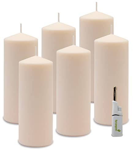 DecoLite: 6 x Stumpenkerzen 180/68 mm. Brenndauer ca. 60 Stunden Pillar Candle inkl. Kerzenprofi Stabfeuerzeug - Deutscher Markenherstller - RAL Zertifiziert (vanille)