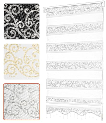 Bailena® Doppelrollo Klemmfix ohne Bohren - 4in1 Duo Rollo mit Muster Weiß Silber Glitzernd 80x200cm - Ranken & Blumen Motiv Doppelrollo mit Perlen - Gardinen Rollos für Fenster & Tür