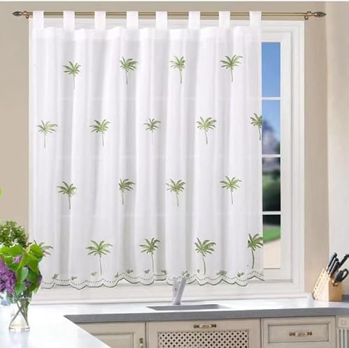 ASGRADO Cortinas Cortas para Ventanas De Cocina Translucidas 150X120Cm Cortina de Altura Media para Cocina, Comedor, Marco de Puerta, patrón Bordado. (Árbol de Coco)