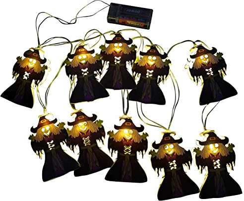 Bexdug Halloween-Kürbis-Hexe-Schnur-Lichter, 6,5 Fuß, 10 LEDs, Batteriebetrieben, Innen- und Außenbereich, LED, Multicolor, Wasserfest, Halloween-Dekoration, Lichterkette