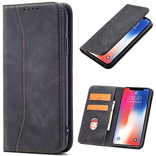 OKZone Kompatibel mit Xiaomi Redmi 9A Hülle, Magnet Leder Tasche Handyhülle, Kartenfächer Xiaomi Redmi 9A Schutzhülle, [Premium PU Leder] Flip Klappbare Stoßfeste Magnetische Standfunktion (Schwarz)