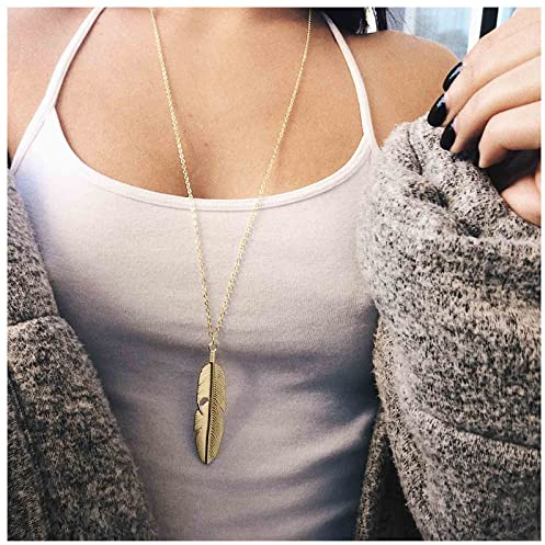 Dervivea Boho-Feder-Halskette Lange Feder-Anhänger-Halskette Goldblatt-Halskette Vintage Lange Halskette Deckförmige Halskette Kettenschmuck Für Frauen Und Mädchen
