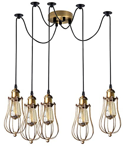 LEDSone Industrial Retro Modern Brushed Copper Five Head Adjustable Pendant Light, Metal Wire Cage, Ceiling Fitting Light for Indoor Light for Bedroom, Living Room, Study Room (5 Head, with Bulb)