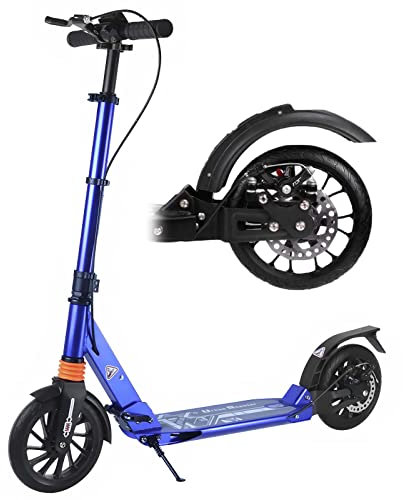 Bueuwe City Roller Tretroller Erwachsene 150 kg Tragkraft, 200mm Big Wheel Scooter mit Stoßdämpfer, Cityroller aus Aluminiumlegierung, Höhenverstellbar, Klappbar,Blau