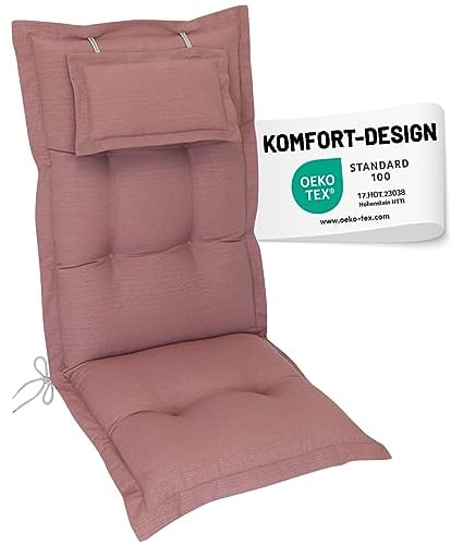 Herlag Hochlehner-Gartenstuhlauflage AVA 123x50x9cm | Extra Dicke Sitzauflage 9 cm mit Kopfpolster | Polsterauflage mit Deluxe-Komfort | Öko Tex 100 | 1 Polster | Rosé