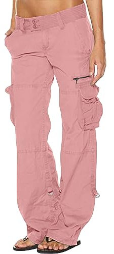 SMIDOW Pantaloni cargo a vita bassa da donna, taglie forti, larghi, elastici, a gamba larga, tasche Y2K, streetwear, pantaloni militari da combattimento, #G04-rosa, XS