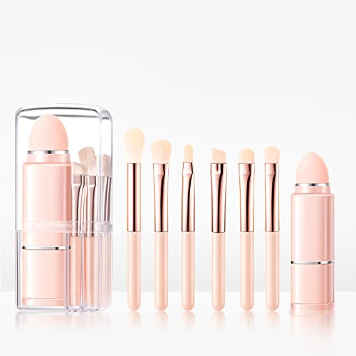 Lot de pinceaux de maquillages, 8 en 1 portables mini makeup brushes pour visage poudre blush yeux, petits set de pinceaux de maquillage voyage multifonctionnels avec étui (orange)