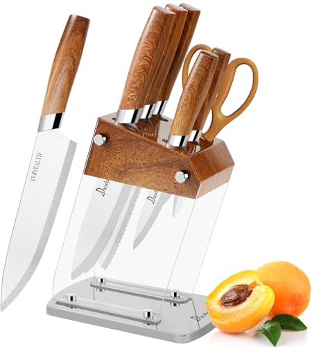 Acrylic Kitchen Knife Set - 6 Piece Knife Set,Clear Knife Base and Stainless Steel Blade, Carries Scissors ,Paring, Utility, Carving, Bread and Kitchen Knives(Wood Grain)
