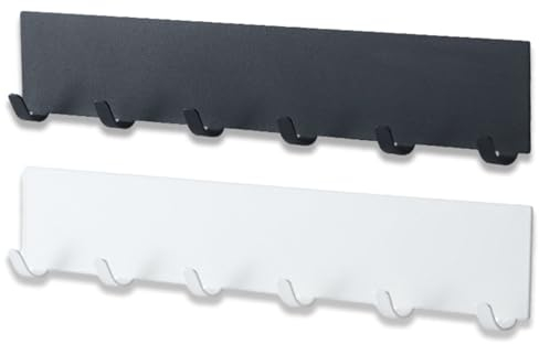 EUDUQ 2 portachiavi con 6 ganci, portachiavi in metallo, da parete, senza forare, gancio autoadesivo per riporre le chiavi, posate da cucina, nero/bianco