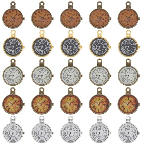 SUNNYCLUE 1 BOX 30 Stück Emaille Zifferblatt Charms Vintage Uhr Charms Metalllegierung Silber Gold Bronze Steampunk Punk Alarmzeit Charms Großpackung Für Schmuckherstellung Charms DIY Ohrringe Armbänd