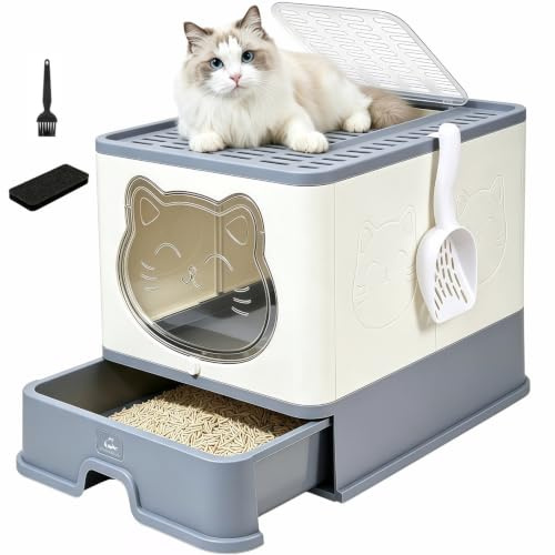 HelloMiao Geschlossene Große Katzenklo mit Dach & Deckel | Faltbare Katzentoilette mit Schubladensystem, Inklusive Katzenstreuschaufel, Geeignet für Katzen bis 8 kg Hellgrau Weiß-Grau