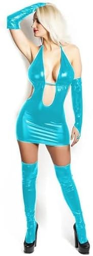 MINUSE 17 Colors 3 PCS Set Backless Halter Dress With Long Gloves Stockings Ladies Metallic Pole Dancing Costume Sexy Party Clubwear,Blue,6XL