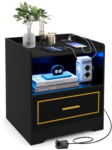 GIANTEX Nachttisch mit LED Licht 3 Farben Beleuchtung, Beistelltisch Sofatisch Kaffeetisch mit Bewegungssensor, Nachtschrank mit USB-Anschluss & Typ-C-Ladestation, Nachtkommode Nachtkonsole Schublade