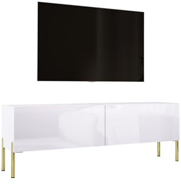 3E 3xE living.com TV- Schrank in Weiß Matt/Weiß Hochglanz mit Beinen in Gold, A: B: 140 cm, H: 52 cm, T: 32 cm