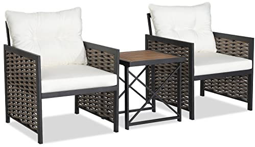 COSTWAY 3-Piece Rattan Bistro Set, Outdoor Coffee Table and Sofas with Acacia Wood Tabletop, Soft Cushions, Metal Frame Wicker Conservatory Table Chair Set for Garden Backyard Porch (White Cushion)