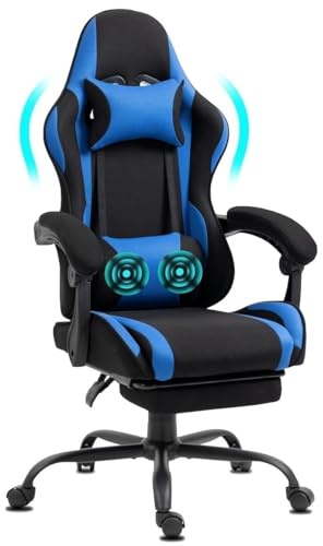 Delman Gaming Bürostuhl aus Stoff mit USB-Massage (2 Punkte), ergonomischer Gamer Stuhl mit Fußstütze, verstellbarer Rückenlehne bis 135°, Metallfußkreuz – Serie 02-0040