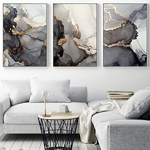 3er Set Abstrakt Leinwand Bilder Schwarz Weiß Grau Geometrische Kunstdruck Poster Goldene Marmor Textur Wandkunst Poster Wohnzimmer Decor Bilder Grau Ohne Rahmen (C,60x90 cm)