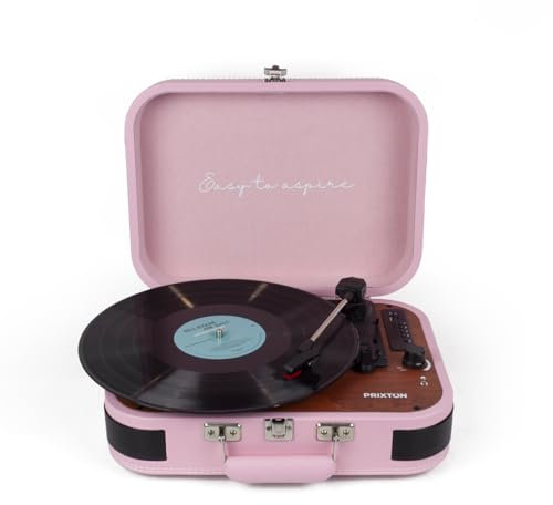 PRIXTON VC600 - Tocadiscos de Vinilo Vintage, Reproductor de Vinilo y Reproductor de Musica Mediante Bluetooth y USB, 2 Altavoces Incorporados, Diseño de Maleta (Rosa) (Reacondicionado)