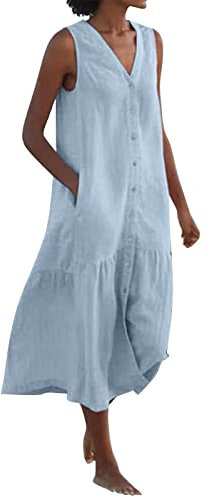 Keepink Ladies Cotton/Linen Summer Maxi Dress - Casual Sleeveless with Pockets - Oversize Shirt Style Sun Midi Beach Wear UK Size 8-16 Clearance