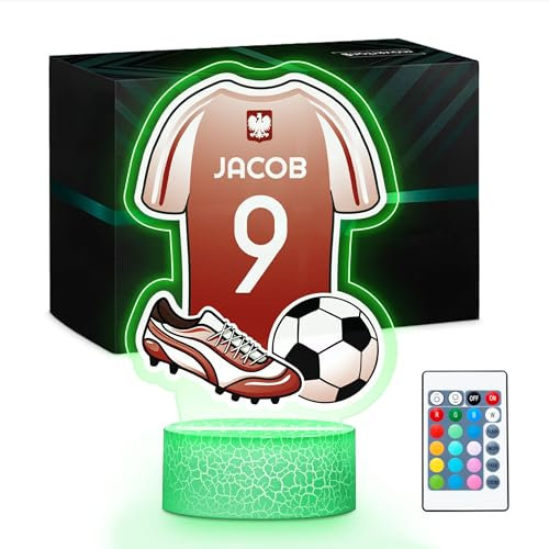 Maverton Personalisierte Nachtlampe Fußball - 16 RGB Farben - Nationalmannschaftstrikot - Dimmbare Nachttischlampe, Tischlampe Led mit Gravur - Geschenkidee Ideal für Fußballfans, Jungen Geburtstag