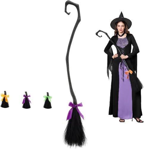 Halloween Witch Broomstick with Ribbon - Kids Cosplay Broom Props for Costume Accessories & Party Decoration (Black, 130cm*25cm)