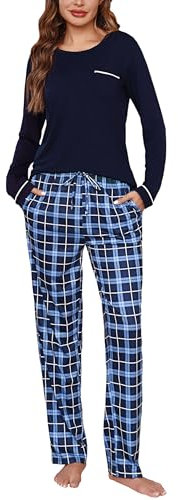 Irdcomps Pyjama Femme Hiver Coton Ensemble de Pyjamas Vêtements de Nuit à Manches Longues col Rond Pantalon de Pyjamas à Carreaux avec Poches Bleu Marine XXL