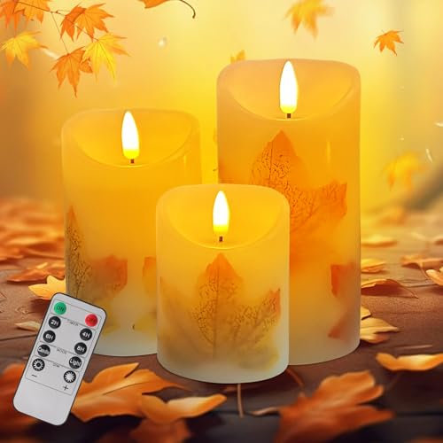 Hekasvm Herbstdeko LED-Kerzen, 3 Stück Wasserdicht Echtwachskerze, Flackernden Flammenlose mit Fernbedienung Timerfunktion, Elektrische Kerzen mit Ahornblatt, Stumpenkerze Deko (Kugeldocht)