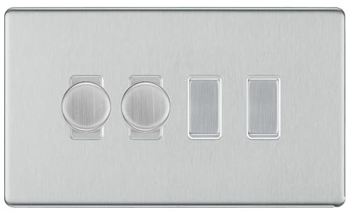 BG Brushed Steel Screwless 4 Gang Switch 2x Trailing Edge LED Dimmer 2x 2 Way