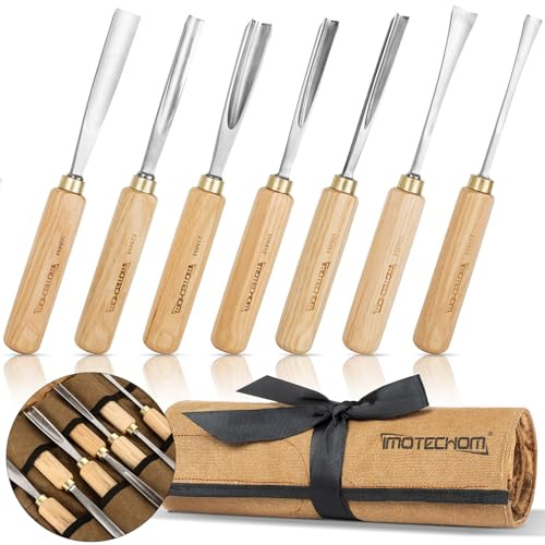 IMOTECHOM 7-teiliges Holzbearbeitungs-Holzschnitzwerkzeuge-Set mit Canvas-Tasche, Hohlkehlen und Schnitzmeißel-Set, rasiermesserscharfe CR-V 60 Stahlklingen