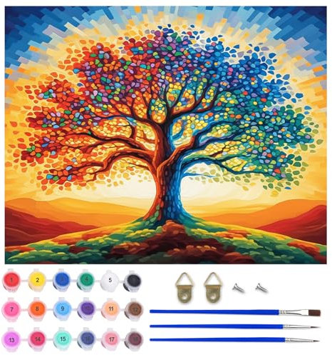 AIRDEA Baum des Lebens Malen nach Zahlen Erwachsene, DIY Handgemalt Ölgemälde Kit, Buntglas Paint by Numbers mit 3-Pinseln und Acrylfarbe 50x40 cm (Ohne Rahmen)