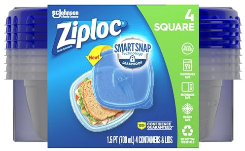 Ziploc® Brand, Food Storage Containers with Lids, Smart Snap Technology, Square, 4 ct