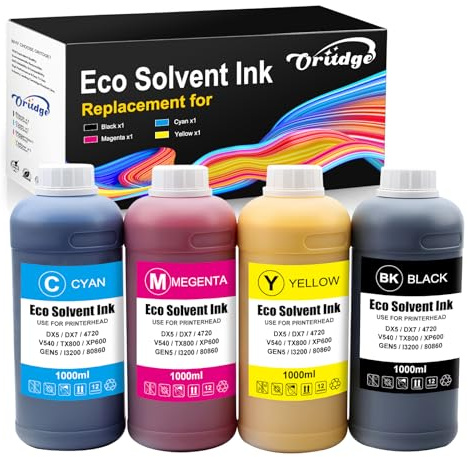 Oritdge Eco Solvent Tinte 1000ml, Schwarz Cyan Magenta Gelb | Kompatibel mit Epson I1600 I3200, DX4 DX5 DX6 DX7 DX11, XP600 4720 TX800 Druckkopf