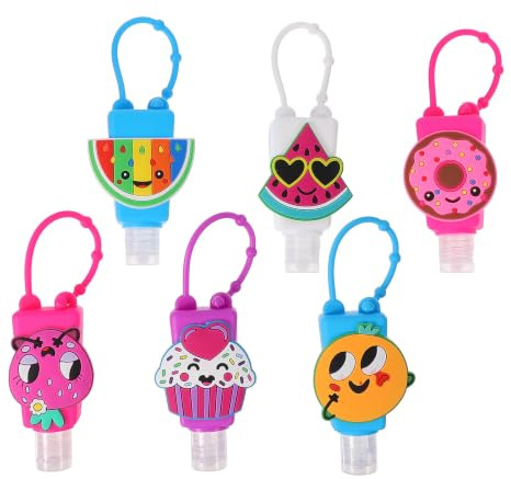 CIYODO 6 Pack Silicone Travel Bottles Empty Liquid Soap Container with Leak-Proof Cartoon Covers and Hooks Portable Refillable Mini Bottles for Kids Toiletries Backpack Stroller Key Ring