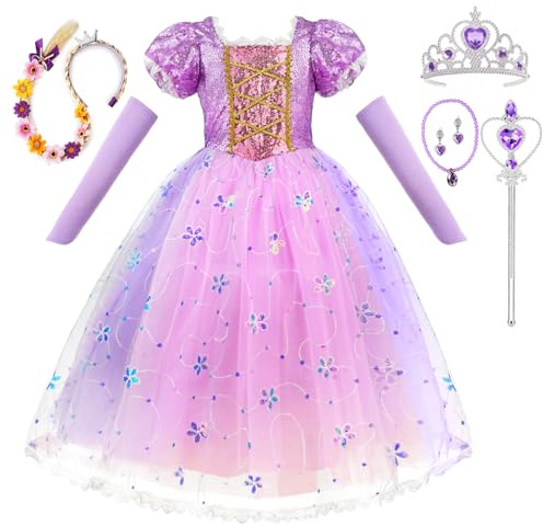 AOOWU 7 Pièces Enfant de Princesse, Costume Princesse avec Princess Wig,Crown,Wand,Necklace, Earrings and Sleeves, Violet Couronne Tulle Maxi Costume Carnaval Enfant pour Halloween Noël Cosplay