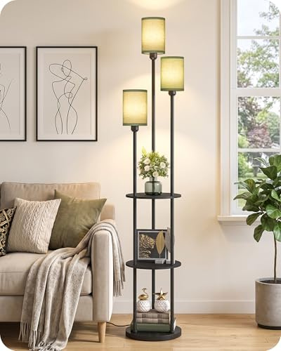 GOEBLESON Stehlampe Wohnzimmer mit Ablage, 3-flammige Stehleuchte mit Regal | Grüne Standleuchte aus Holz mit Fußschalter, E27 Fassung, Leinen, für Wohnzimmer Schlafzimmer