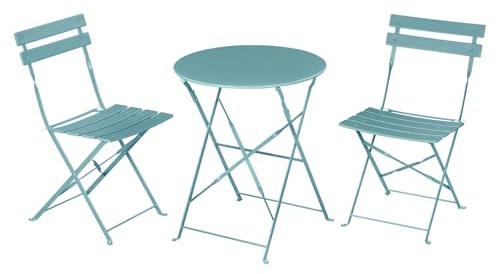 eSituro Gartenmöbel Set 3 Teilig, Bistrotisch mit 2 Stühlen, Blau | Klappbar, Klappstuhl trägt 160 kg, Metall, Wasserdicht & UV-beständig, Balkonmöbel für Balkon Garten Cafe und Kneipe