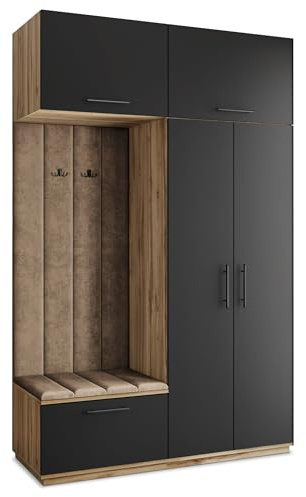 Masseno Flugarderoben Set Rema, Kleiderschrank-Set mit Sitzbank, Garderobenschrank Flur mit 5 Regalböden, Eiche Wotan/Schwarz